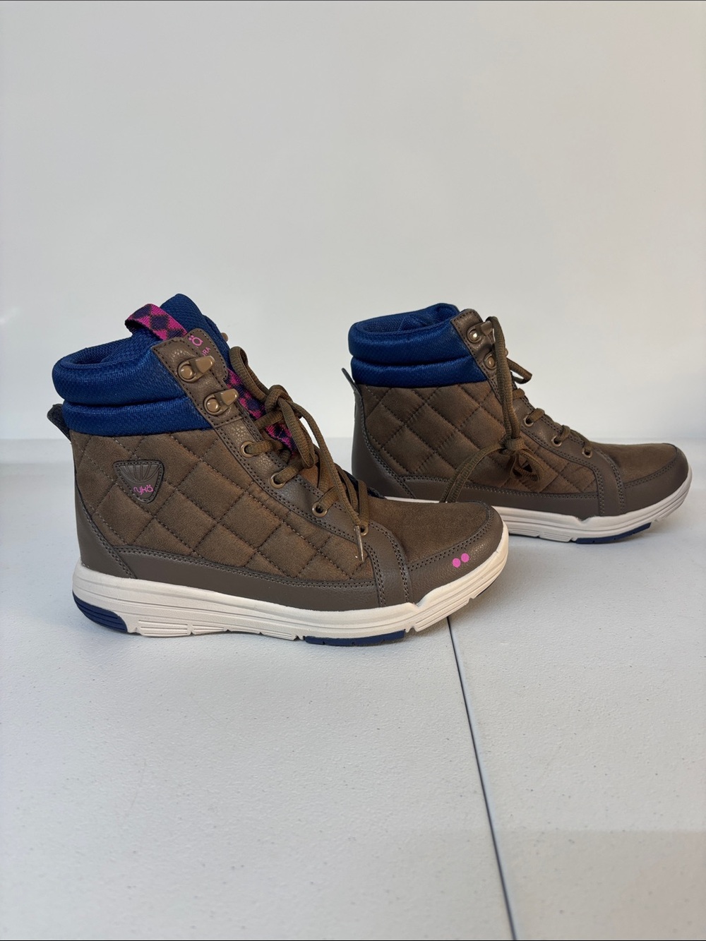 Ryka Quilted Brown Lace-Up Ankle Boots with Blue Collar